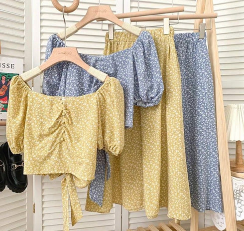 Floral Chiffon Square Neck Puff Sleeve Two Piece Skirt Set